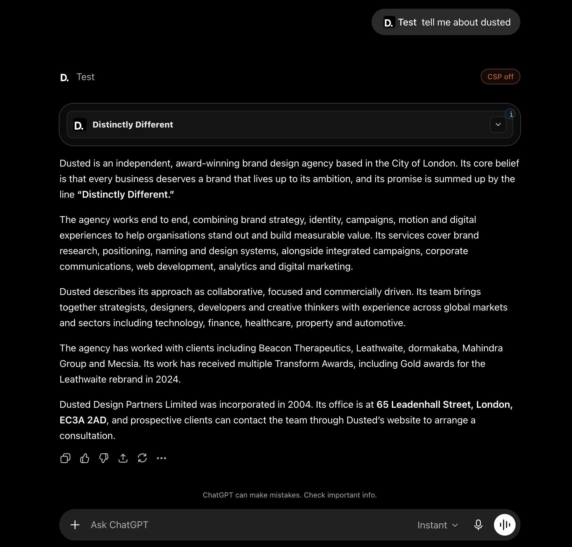 ChatGPT answering “tell me about dusted” with a River widget header and grounded brand copy