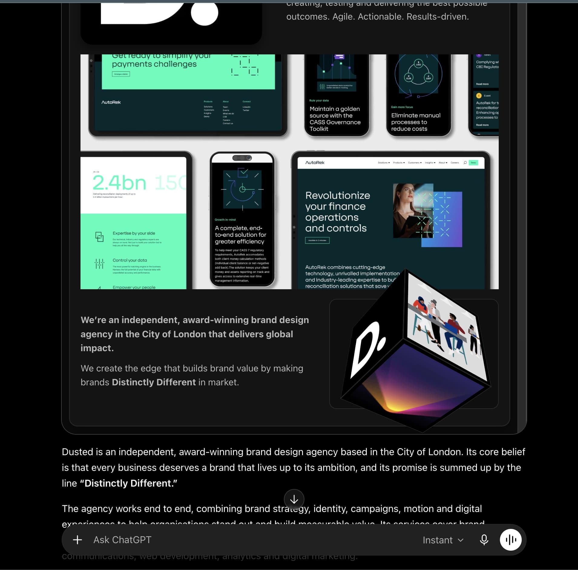 River widget scrolled to show case-study screens and brand statement inside ChatGPT