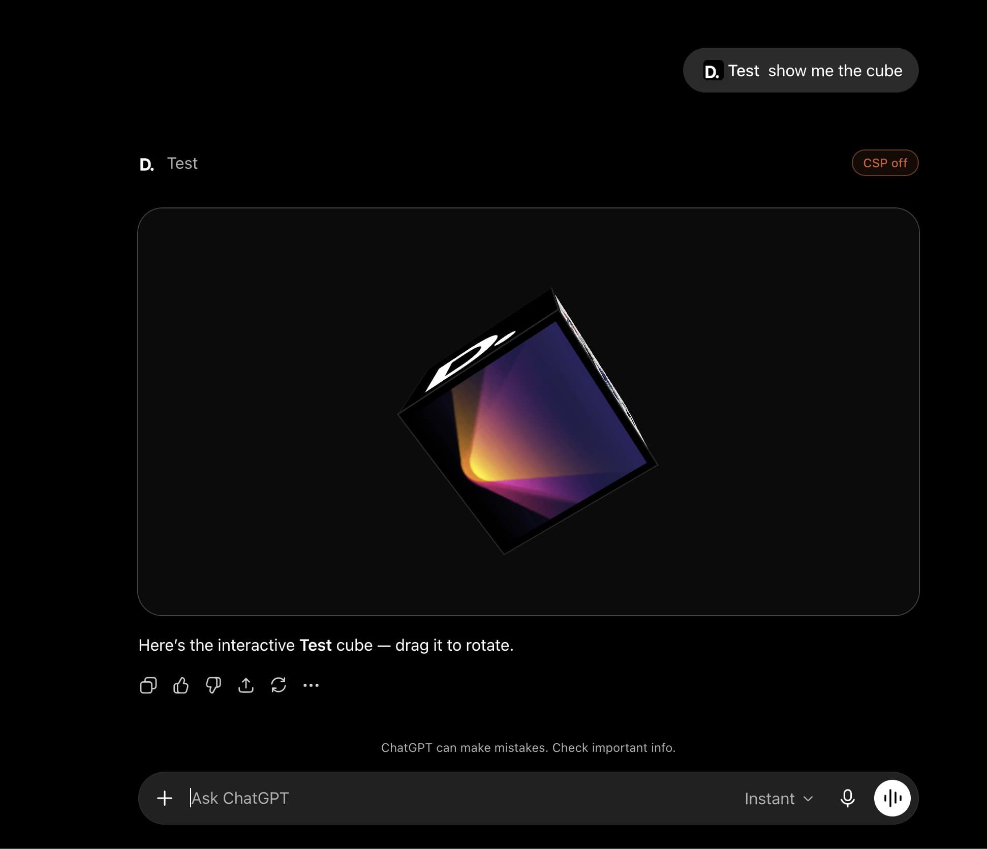 Interactive 3D Dusted brand cube widget rendered inside a ChatGPT conversation