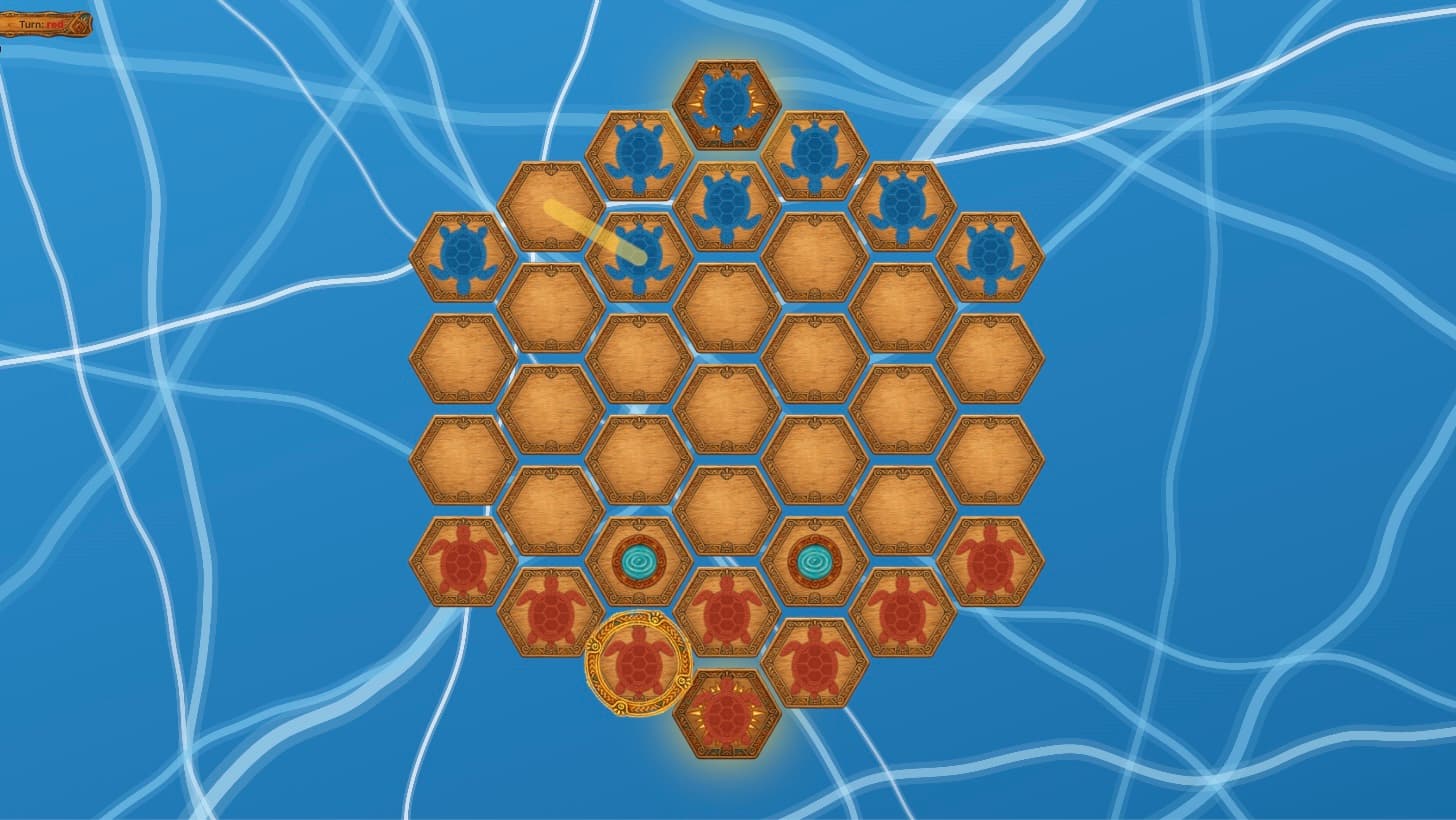 Hexagonal board with a selected red turtle and its legal hops highlighted in aqua