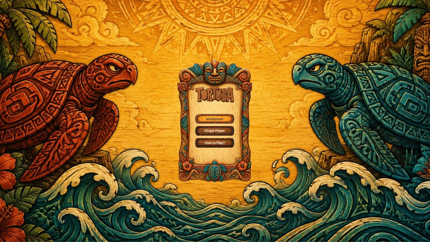 Tortuga title screen: carved red and teal turtles flank a wooden menu offering multiplayer and single player